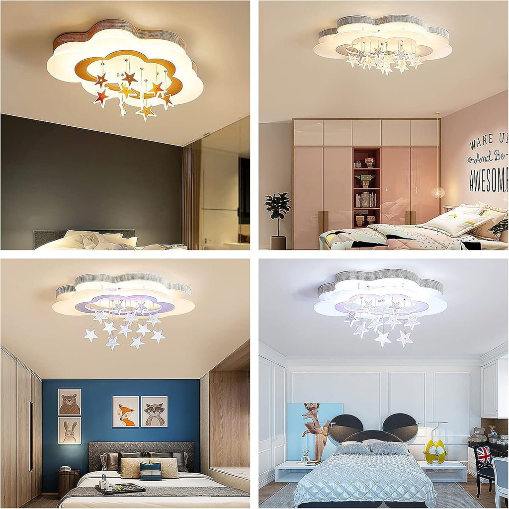 LED Ceiling Light for Kids Room, Cloud and Hanging Star Flush Mount Ceiling Fixture with 3 Color Temperature