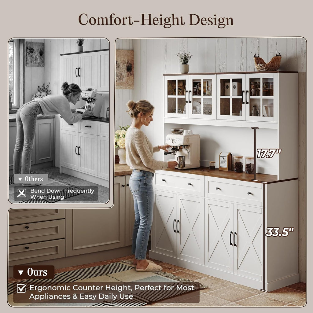 71''H x 55.1''W Pantry Cabinet with Charging Station, 4 Wide Cabinets Kitchen Pantry with 2 Drawers, Farmhouse Hutch