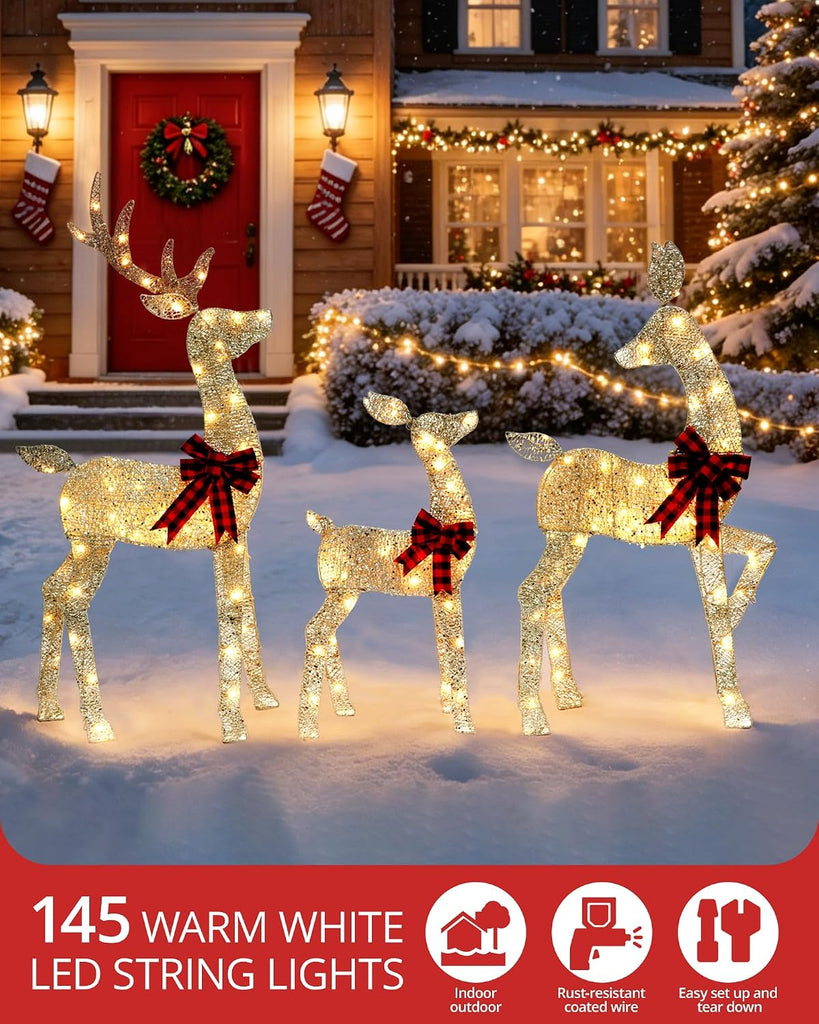 48 Inch 2.5D Lighted Christmas Deer Decorations 3-Piece Reindeer Family Set