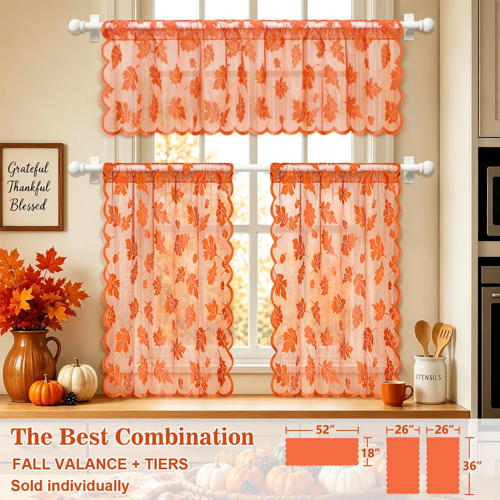Fall Sheer Valance Curtains, Orange Lace Valance for Windows