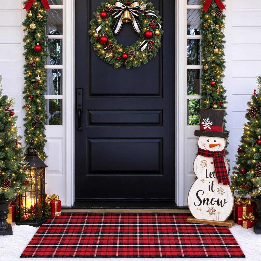 Christmas Door Mat Buffalo Plaid Outdoor Rug Christmas Decor Welcome Rug Cotton Hand-Woven Layered Door Mats for