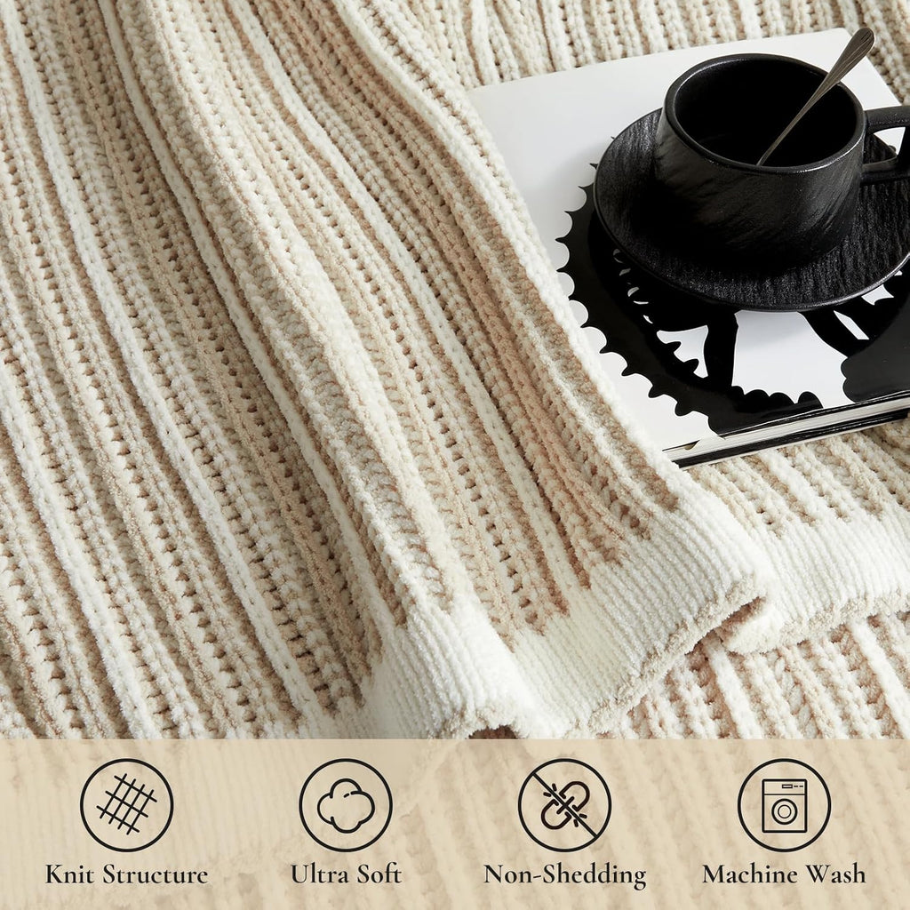 Striped Knit Throw Blanket, Dual-Sided Soft Chenille Decorative Blankets, 50"x60", Khaki & White