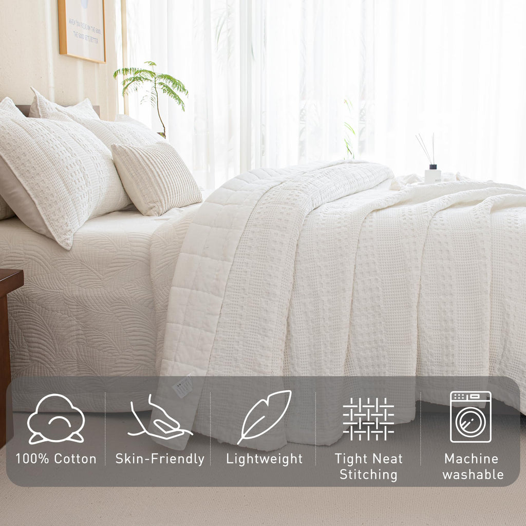 Cotton Quilt 110"x98", White Waffle Weave Bedspread, 3 Pieces Lightweight Ultra Soft Farmhouse