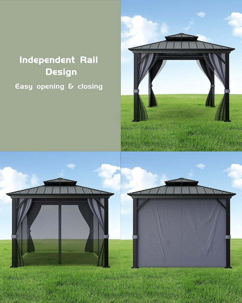 10x10 Ft Hardtop Gazebos with Heavy Duty Double Roof, Nettings and Curtains Galvanized Steel Outdoor Gazebos
