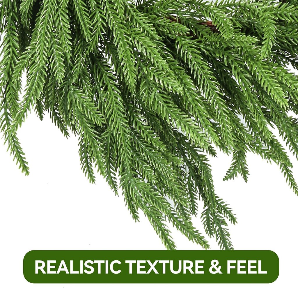 2 Pack Artificial Christmas Wreaths for Front Door, Norfolk Pine & Cedar Greenery with Red Velvet Bows, Real Touch