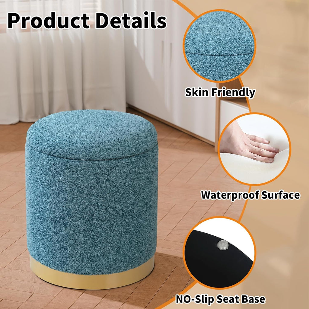 Boucle Round Storage Ottoman with Removable Lid, Small Upholstered Foot Rest Stool with Gold Plating Base, Living