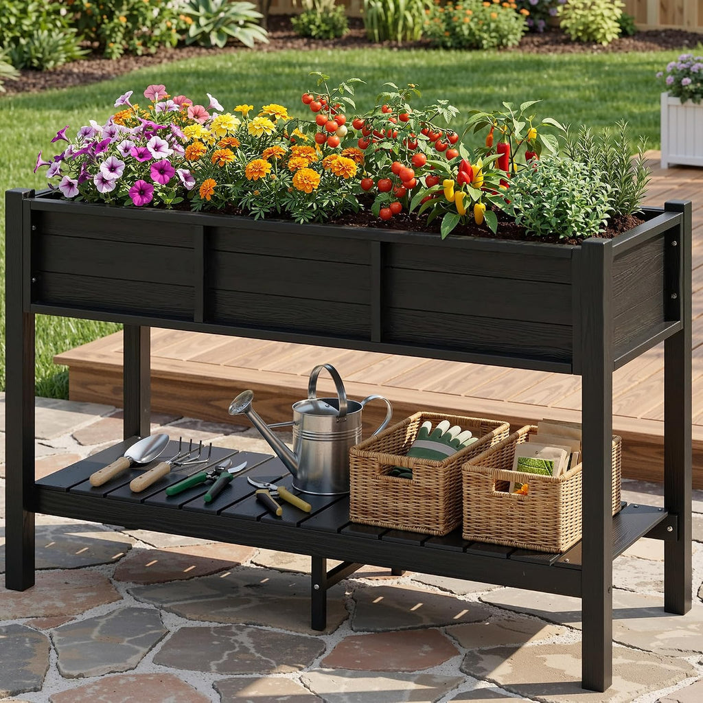 48x18x30in Raised Garden Bed Kit, HDPE Planter Box Stand, Poly Wood Weather-Resistant Planter Box with Legs & Storage