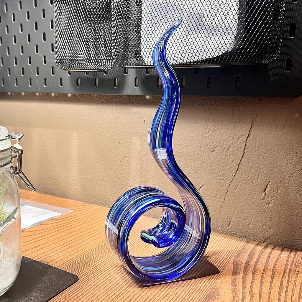 11.4" Tall Hand Blown Glass Sculpture, Murano Style Art , Modern Coastal Home Decor Accent for Shelf