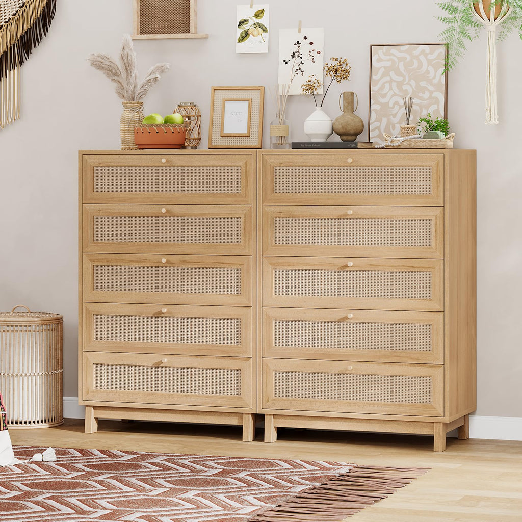 Rattan Dresser, 5 Drawer Dresser with Natural Rattan Drawers, Wooden Tall Cabinet with Gold Handles, Modern Closet