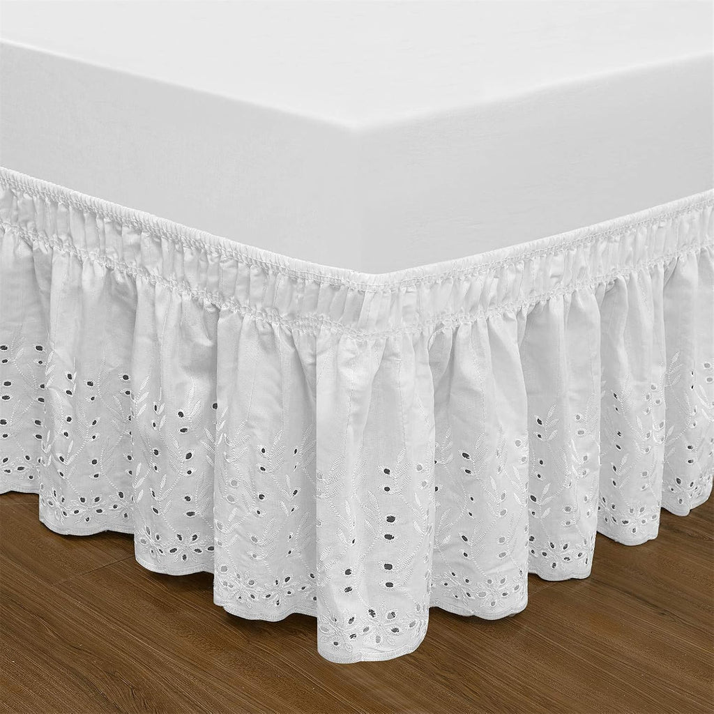 Wrap Around Elastic Eyelet Bed Skirt Dust Ruffle (White, Queen/King-18 Inch Drop)