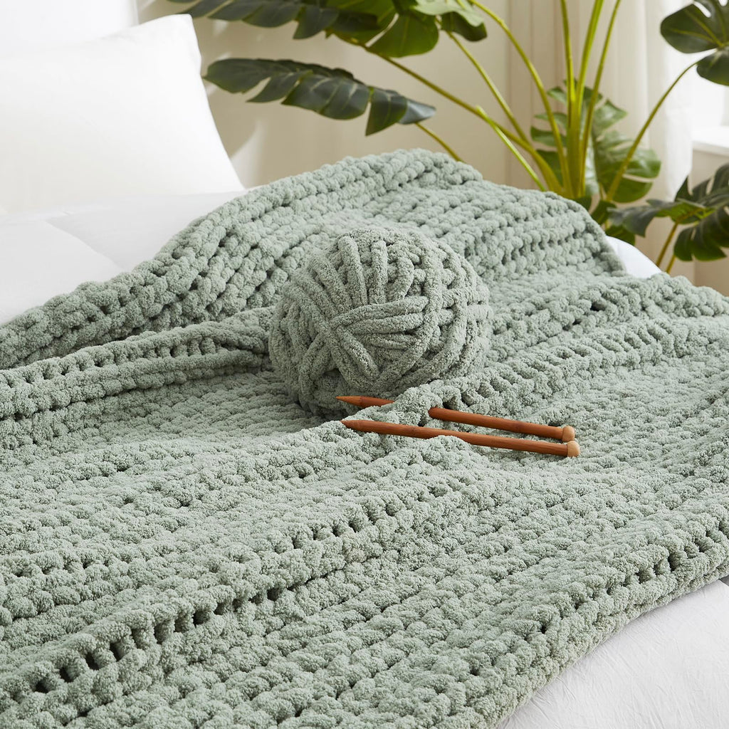 Chenille Chunky Knit Throw Blanket 50"x60", Sage Green