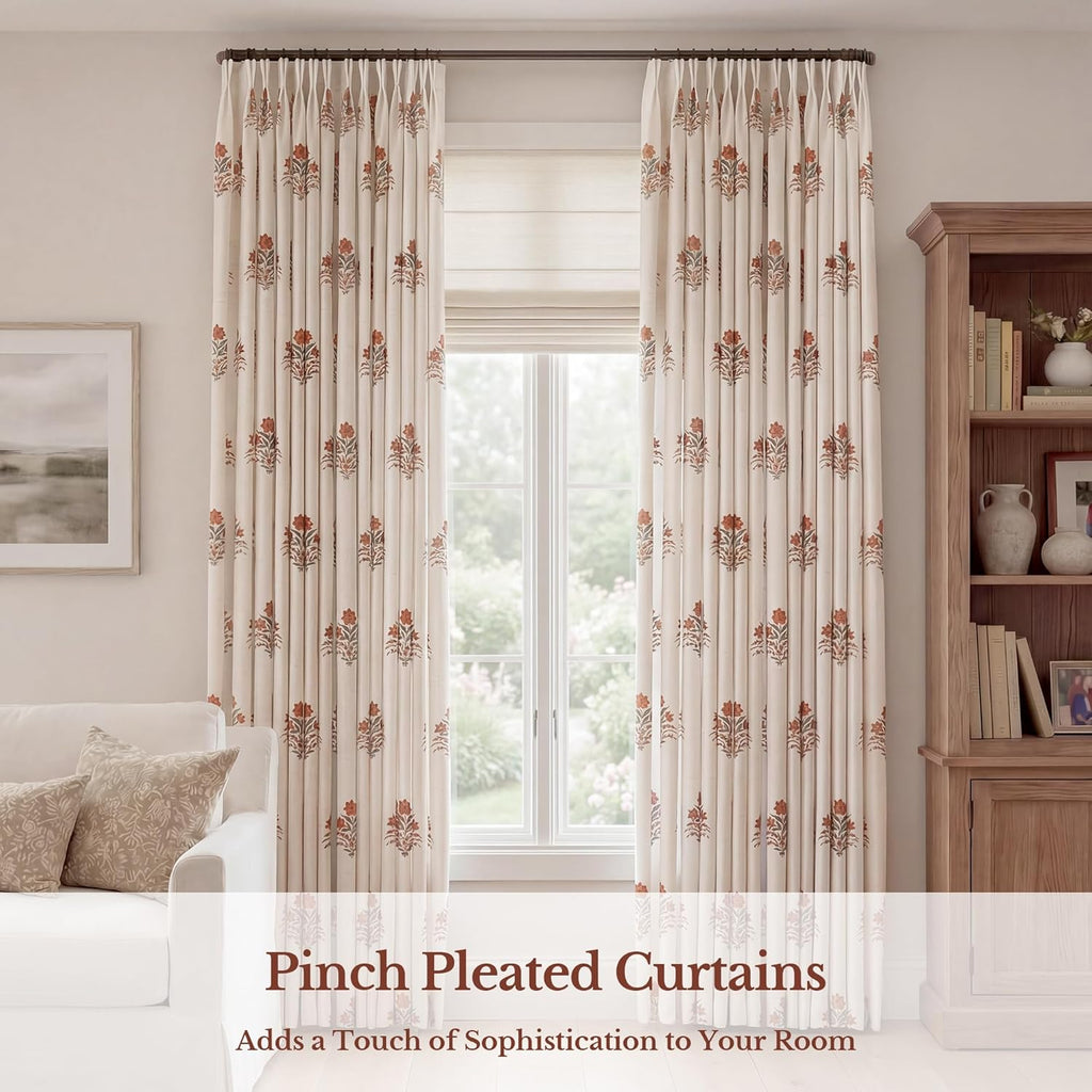 Pinch Pleated Curtains for Living Room: Light Filtering Floral Curtains 95" White Brown Linen Blend Drapes for