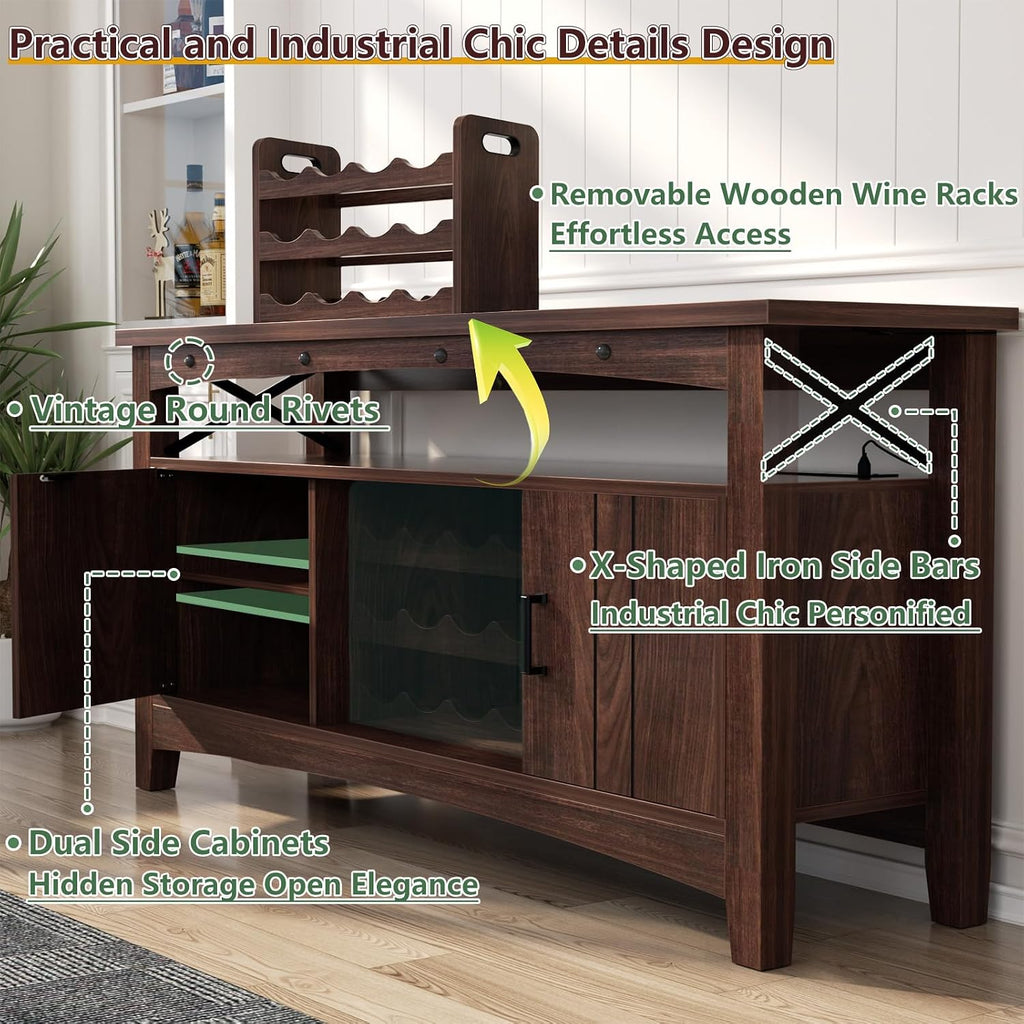 Farmhouse Coffee Bar Cabinet, Liquor Cabinet Bar , Wine Bar Cabinet with LED Lights and Outlets,Wine Cabinet with