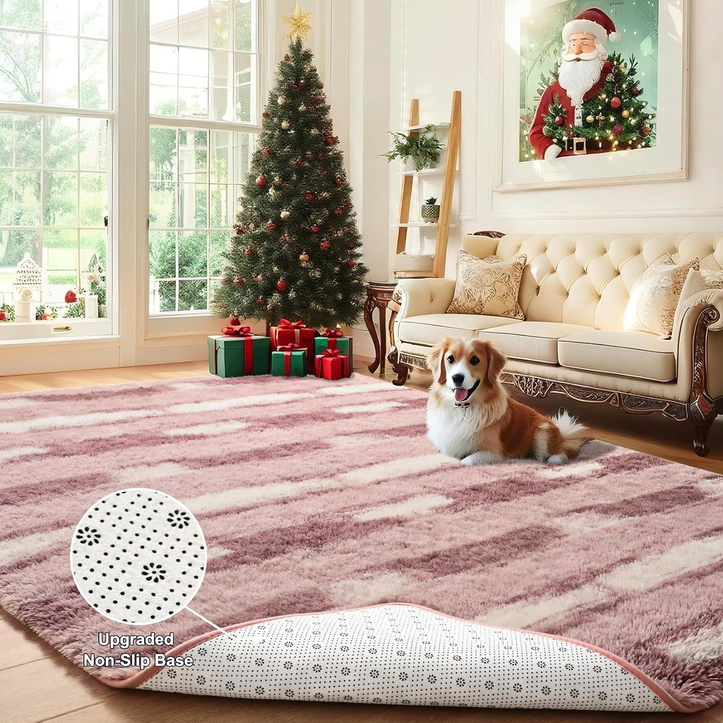 Pink and White Rugs Girls, Fluffy Soft Plush Area Rugs with Non-Slip Backing, Modern Striped Shag Fuzzy Carpets