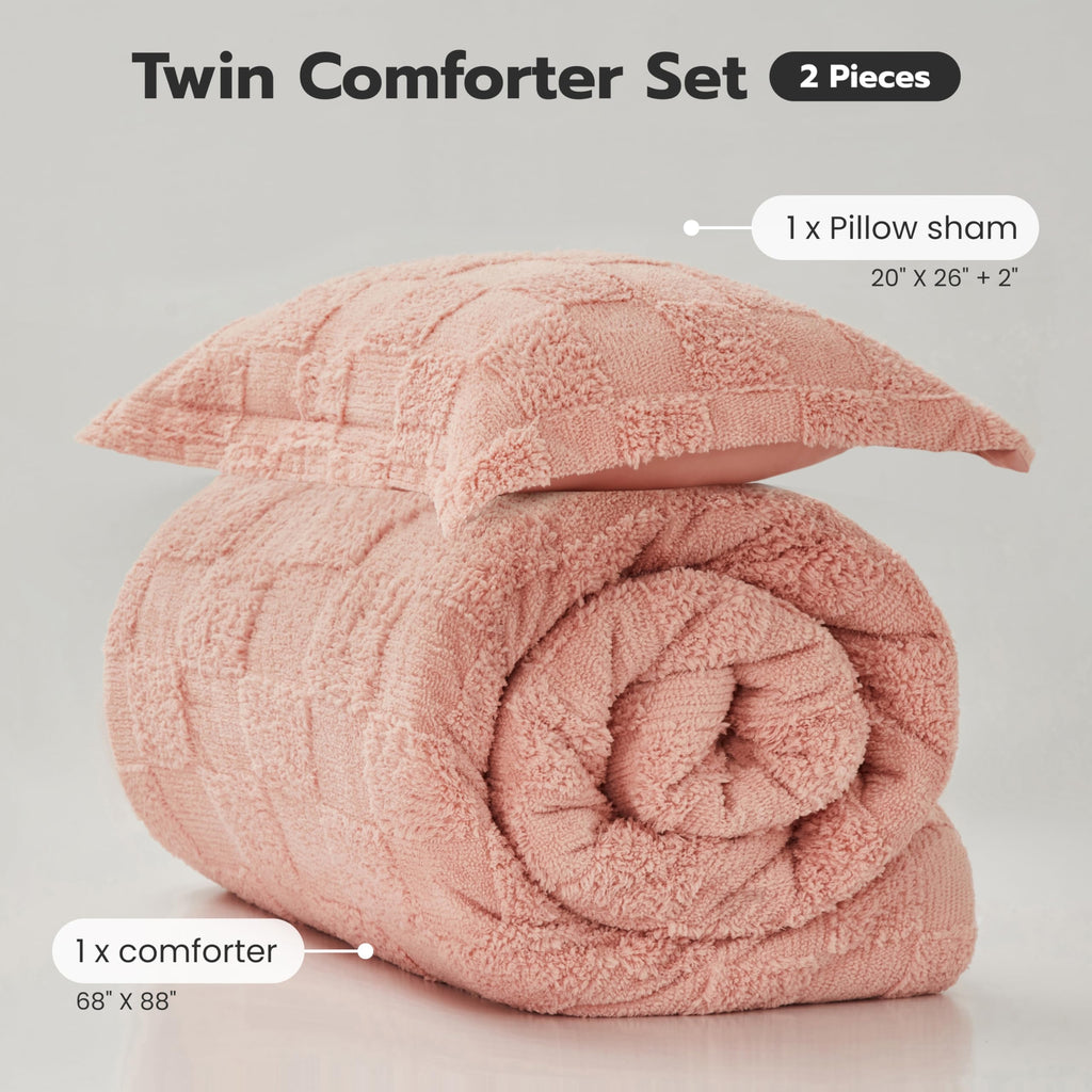 Comforter Set, 2 Pieces Coral Pink Boho Bedding Set with 1 Plaid Geometric Comforter and 1 Pillow Sham