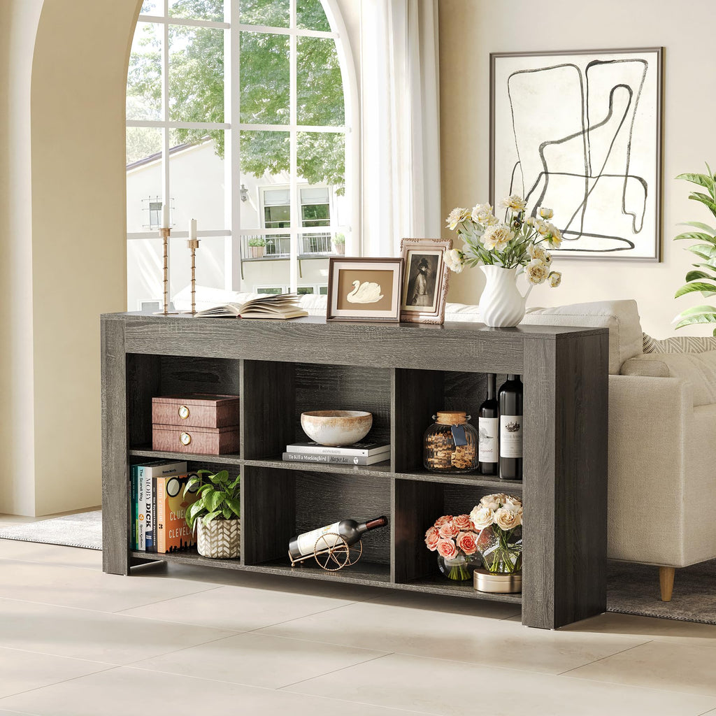 Console Table with Storage, 63-Inch Long Sofa Table, Entryway Table with Cubes, Farmhouse Storage Shelves, Grey +