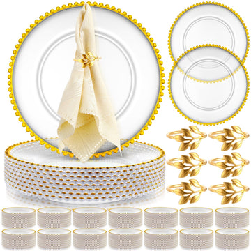 50 Set Acrylic Charger Plates 13" Beaded, Clear and Gold