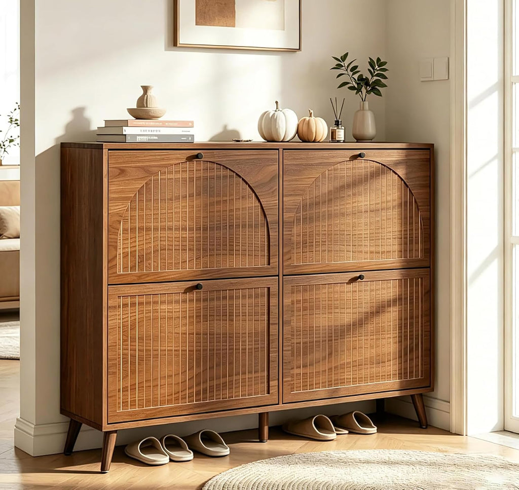 Shoe Storage Cabinet with 4 Flip Drawers, Narrow Shoe Organizer with Fluted Panel, Freestanding Wood Hidden Shoe