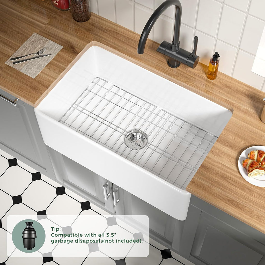 Fireclay Farmhouse Sink 30 x 18 Inch White Apron Front Kitchen Sink | Farm Sink for Laundry,Kitchen, Heavy Duty