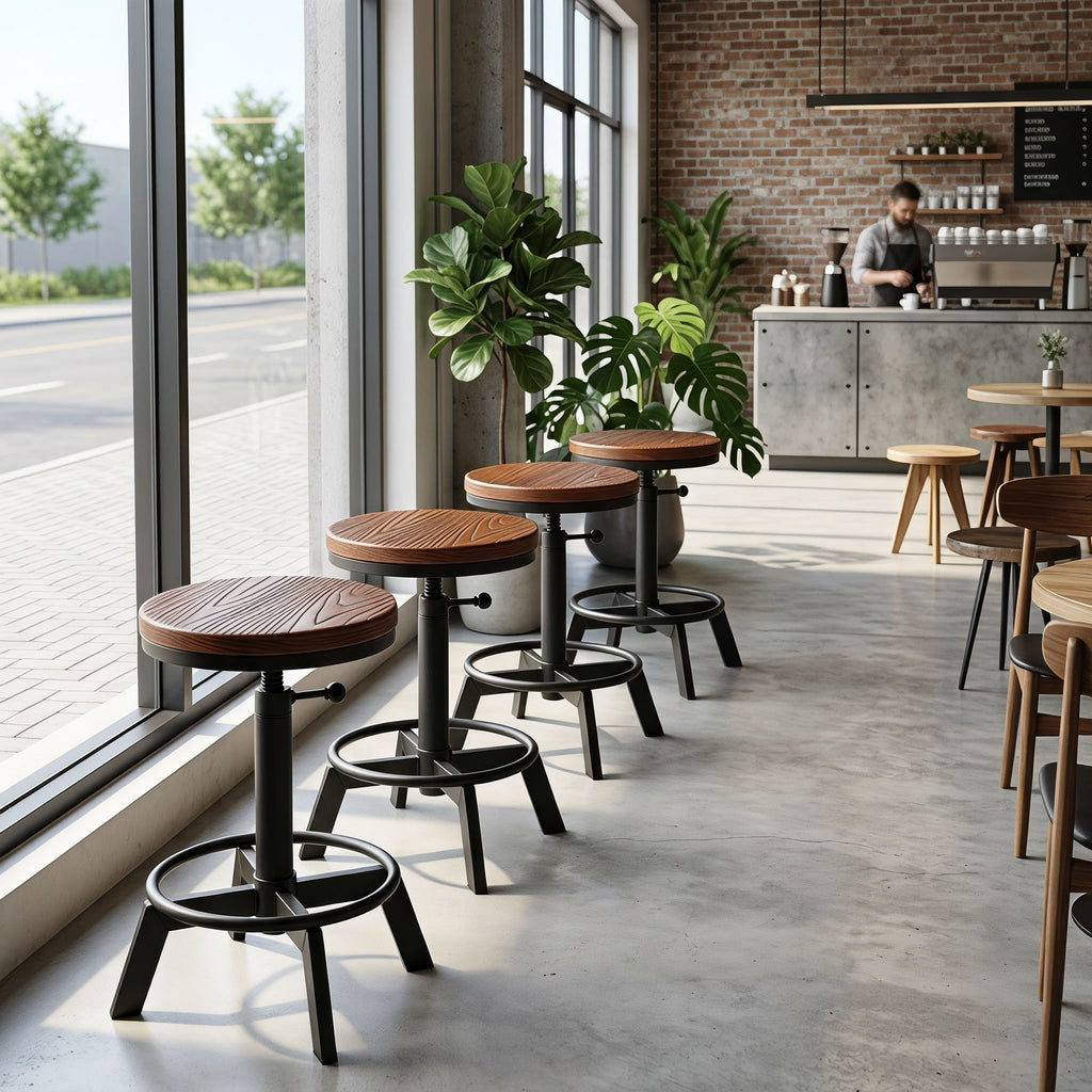 Set of 2-Industrial Bar Stool-Counter Height Chairs- Swivel Wooden Seat- Adjustable 17.7-24inch