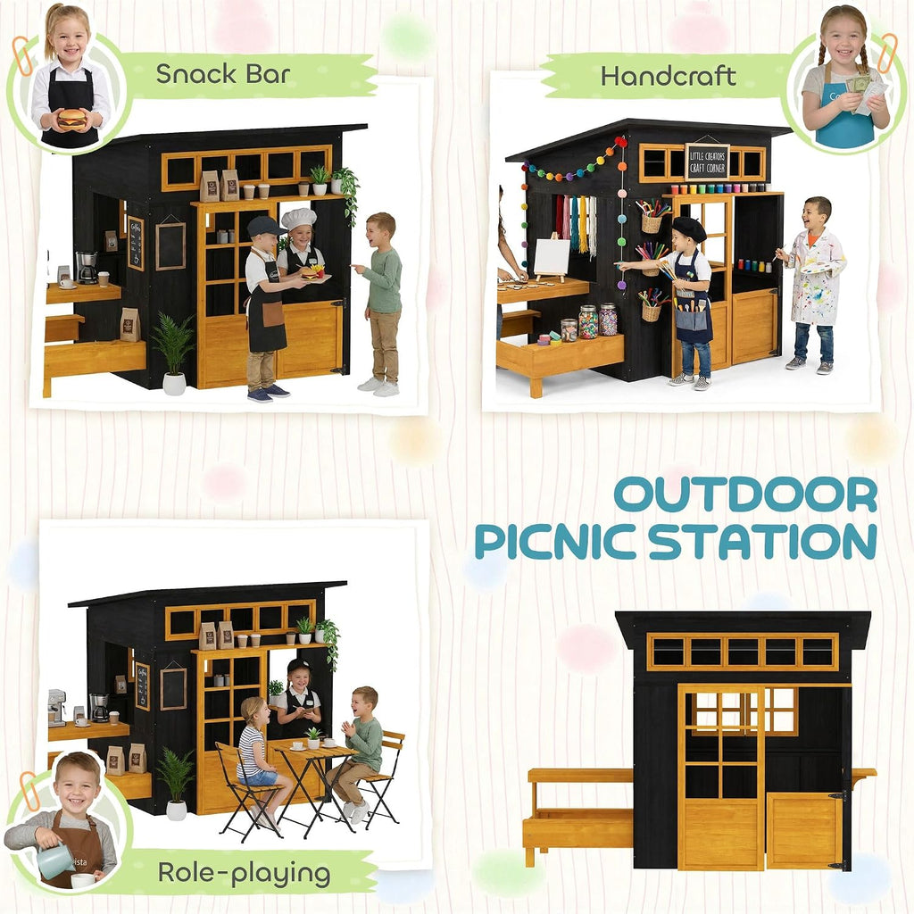 Fir Wood Outdoor Playhouse for 3-8: Chalkboard Walls, Built-in Picnic Table & Benches, 110lb Capacity