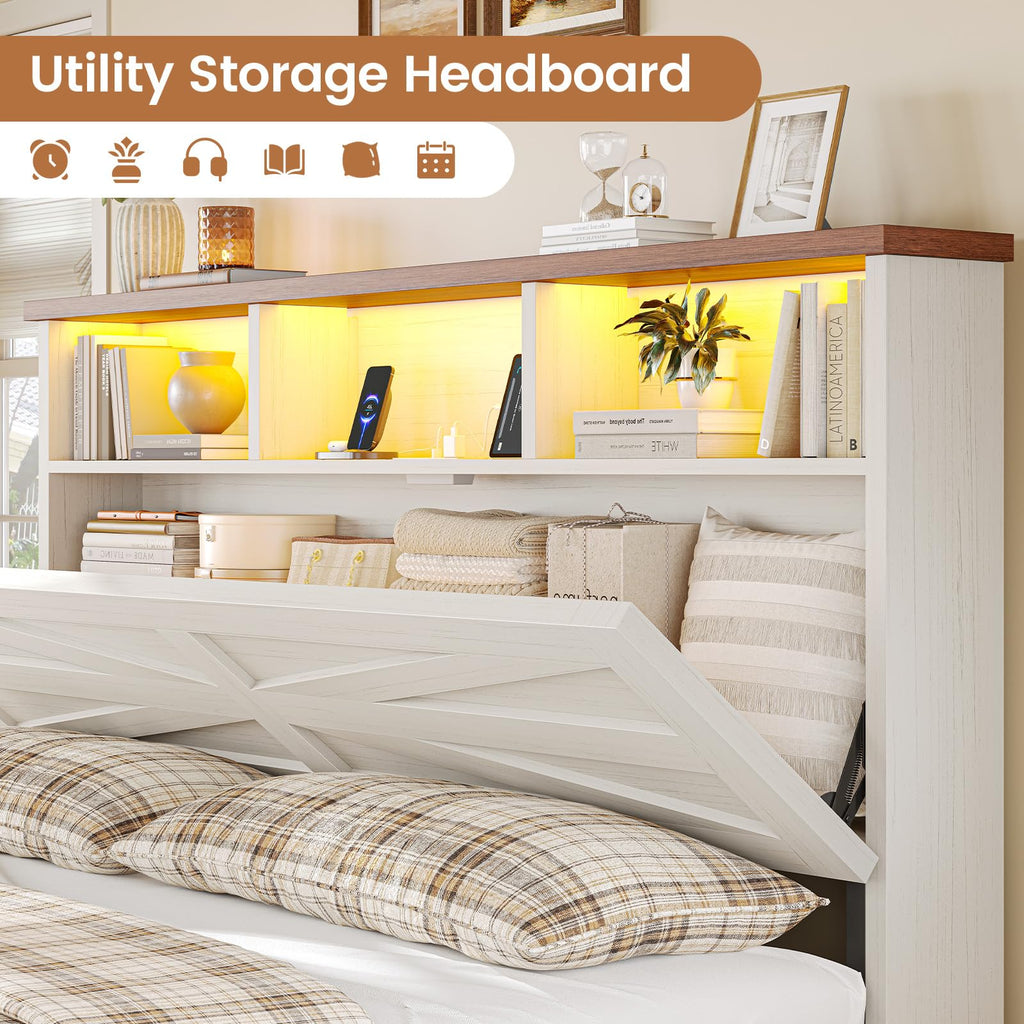 Bed Frame with 6 Drawers, Farmhouse Bed Frame with Barn Door Headboard and Storage, Wood Platform Bed Frame