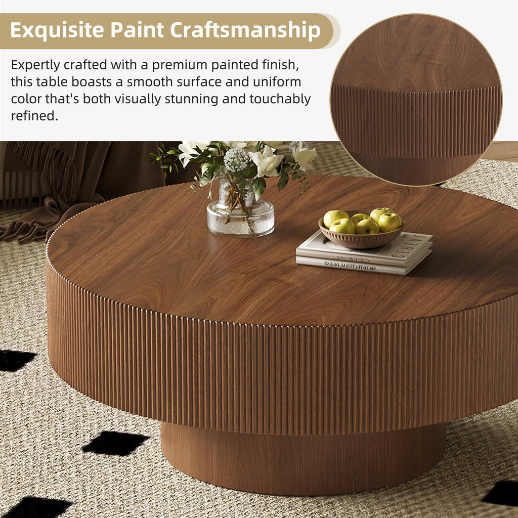 31.5" Round Fluted Coffee Table, Modern Wood Circle Drum Center Table, Accent Side Table with Sturdy Pedestal, Walnut