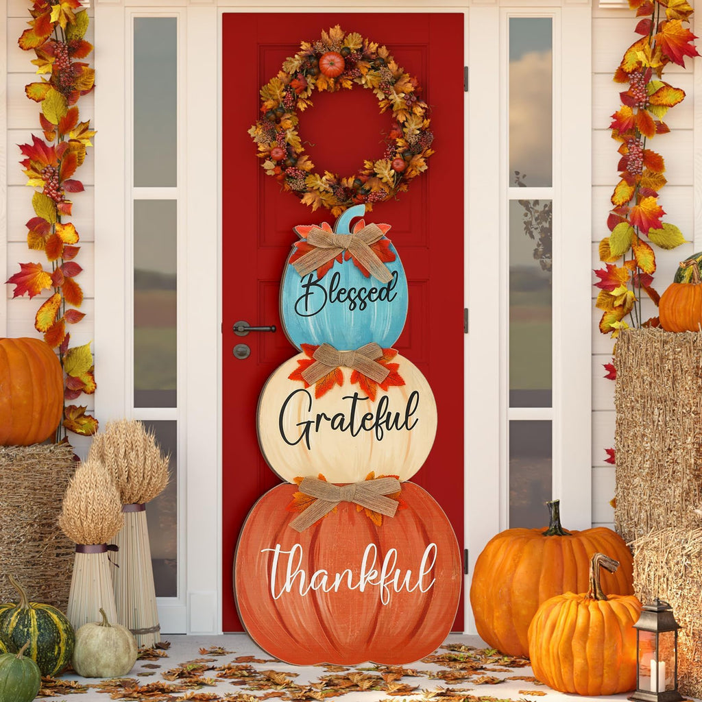 Fall Porch Decoration Blue Orange Stacked Pumpkins Wooden Standing Decor Harvest Outdoor Sign Farmhouse Autumn