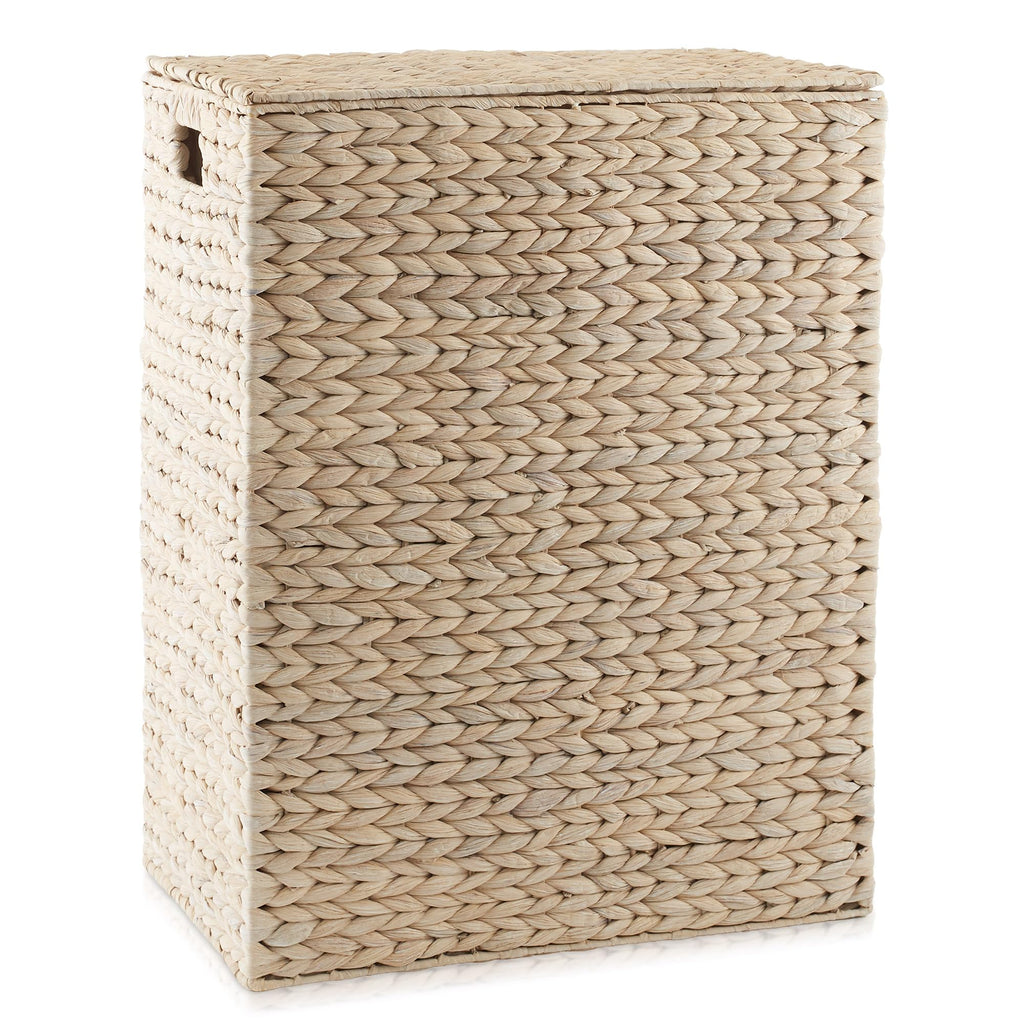 Large Laundry Hamper with Lid and Removable Liner Bag - Whitewash White, Woven Water Hyacinth Rectangular Laundry