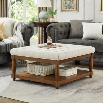 Large Square Upholstered Tufted Linen Ottoman Coffee Table with Solid Wood Frame and Open Storage Shelf, Nailhead