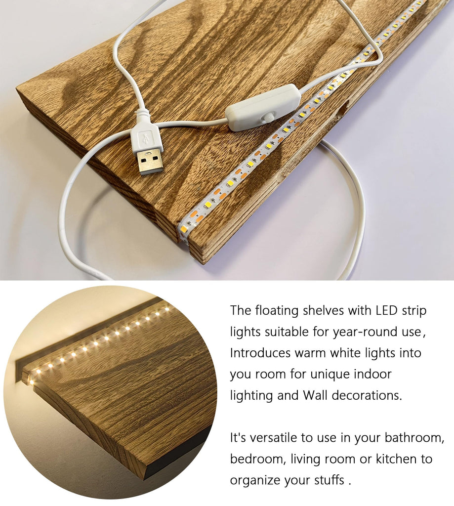 Floating Shelves for Wall Decor Wood Wall Mounted Shelves with LED Lights Set of 2, Sturdy Rustic Wood Shelves