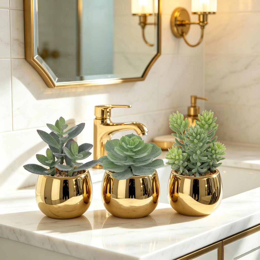 Small Artificial Succulents Potted Set of 3 Realistic Faux Succulents Plants with Gold Ceramic Pots Cute Mini Flocked