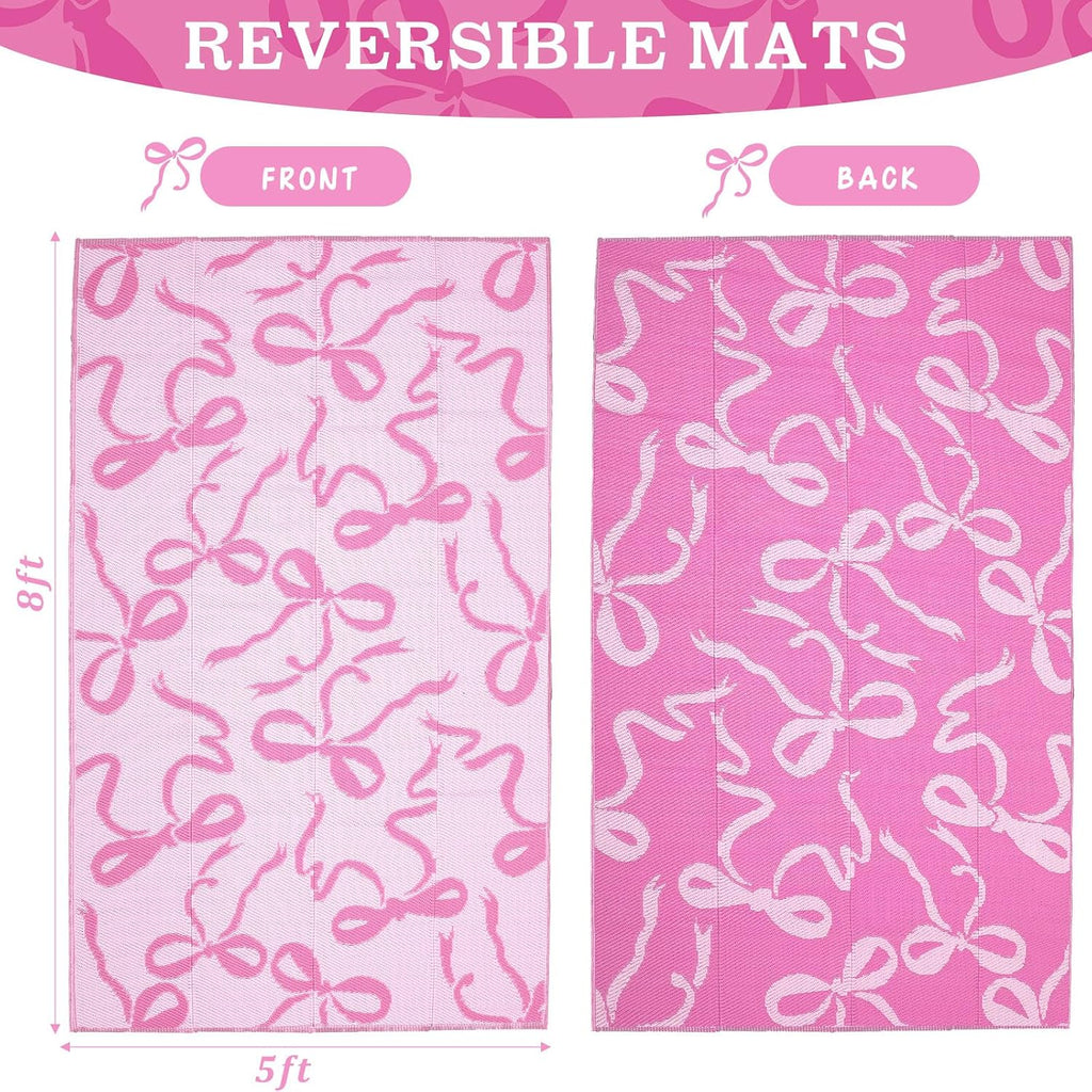 Pink Bow Outdoor Rug 5 x 8 ft Waterproof Plastic Straw Rugs