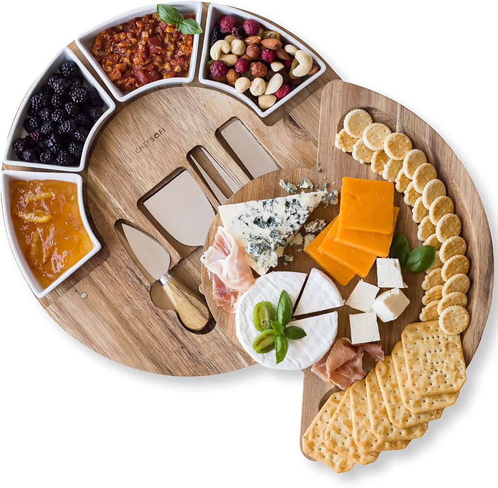 Charcuterie Board Set and Cheese Serving Platter - Made from Acacia Wood - US Patented 13 inch Cheese Board and Knife