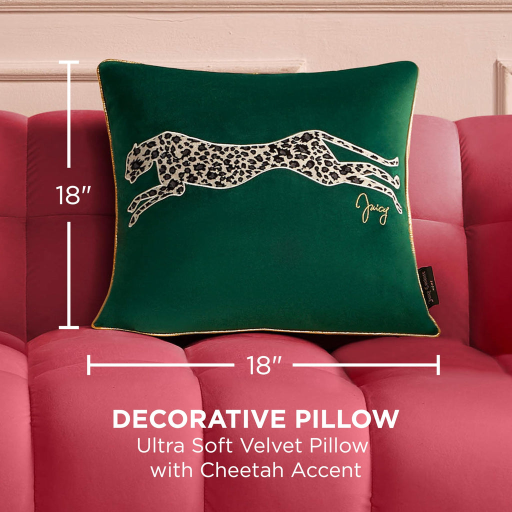 Reversible Velvet Cheetah Pillow, 18" x 18" Decorative Pillow, Emerald Green