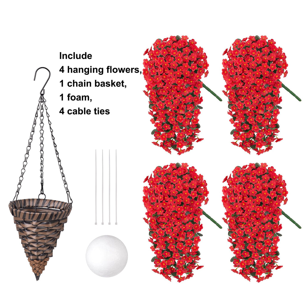 Artificial Hanging Flowers with Baskets for Decor, Fake Silk Red Hanging Daisy Orchid Flowers Plants, Faux Flower
