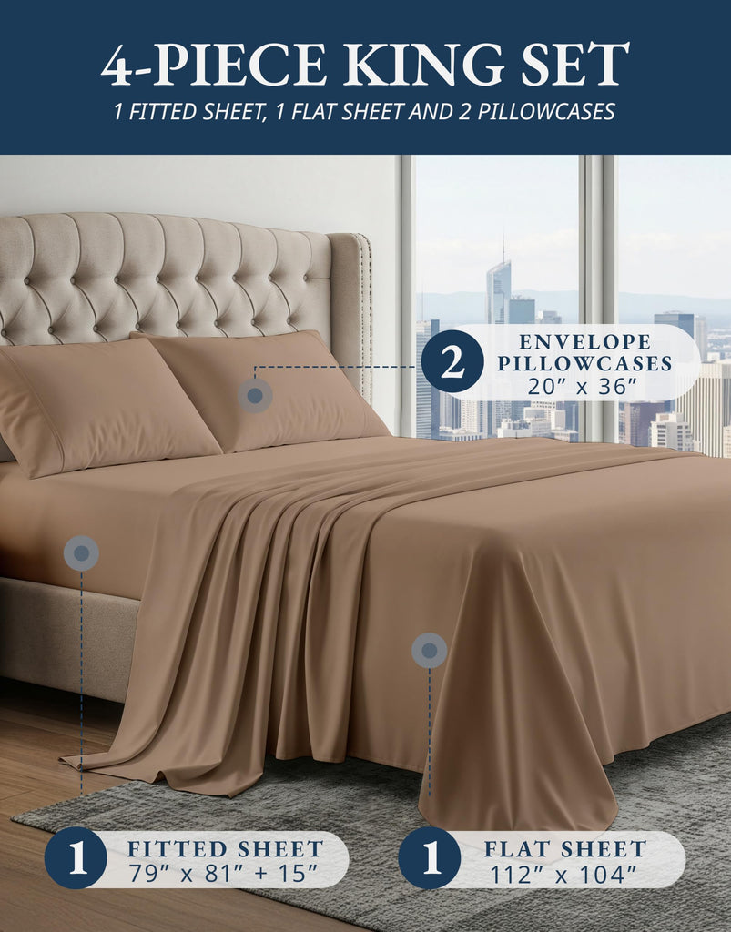 King Size Sheets 100% Egyptian Cotton Sateen - Taupe