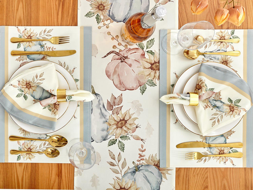 Blue Pumpkin Bordered Thanksgiving Tabletop, Stonewashed Fall Pumpkin and Sunflower Cottage Print Easy Care Fabric