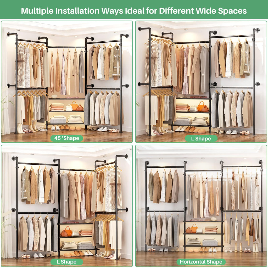 Expandable Industrial Pipe Clothing Rack, 7.3-10.9Ft Closet System