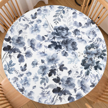 Sping Round Fitted Tablecloth Best for 48"-52" Navy Blue Floral Table Cloth Elastic Edge Washable Farmhouse Rustic