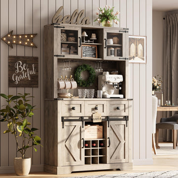 72 in Farmhouse Bar Cabinet with Sliding Barn Door, Tall Kitchen Buffet with Storage Hutch and 3 Drawer, Rustic