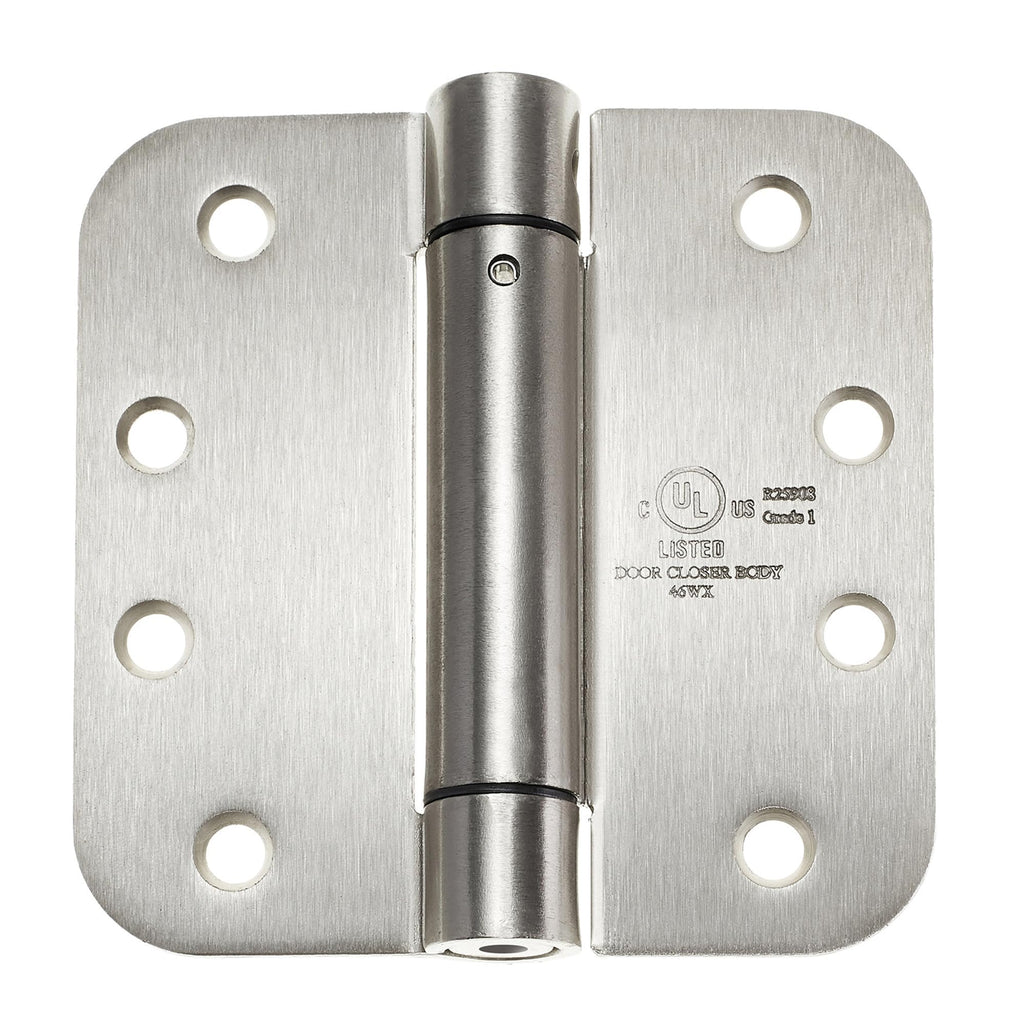 2 Pack) Heavy-Duty 4" Self-Closing Spring Door Hinge with 5/8" Radius Corners, UL Listed - Satin Nickel