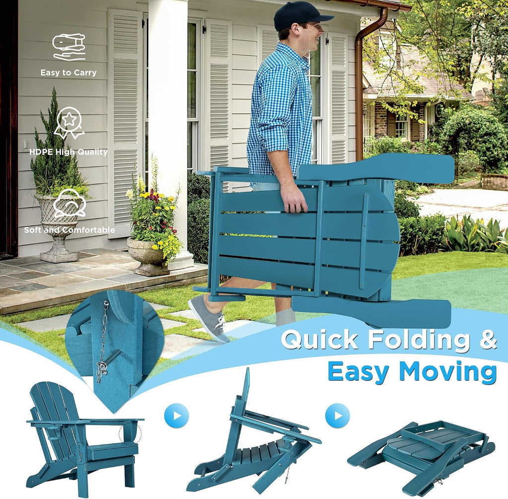 Folding Adirondack Chairs Set of 2 with Cushion with Cup Holder, HDPE Plastic Oversized Patio Chair Weather