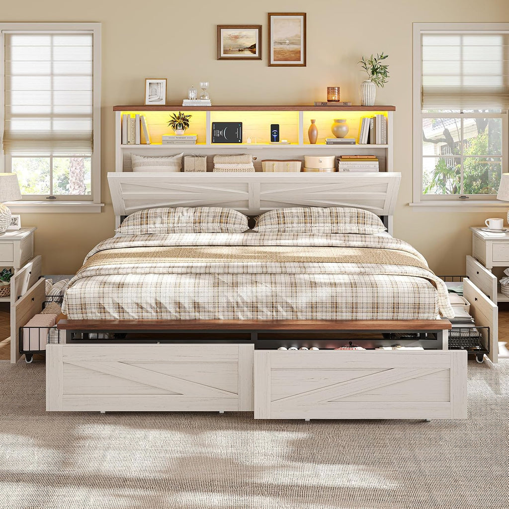 Queen Bed Frame with 6 Drawers, Farmhouse Bed Frame with Barn Door Headboard and Storage, Wood Platform Bed Frame