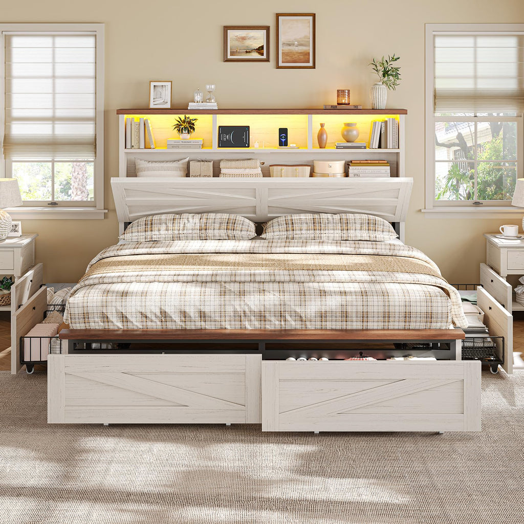 Bed Frame with 6 Drawers, Farmhouse Bed Frame with Barn Door Headboard and Storage, Wood Platform Bed Frame