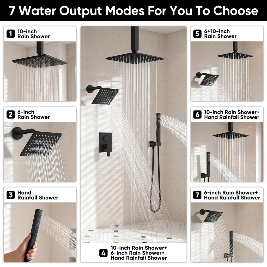 Shower Faucet Set, 10" & 6" Dual Rainfall Shower Heads with Ceiling & Wall Mount, Matte Black Shower System with