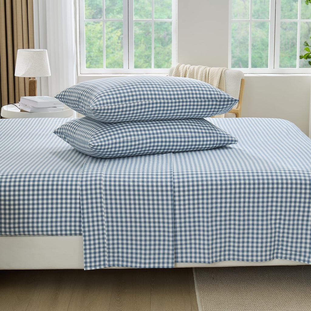 Blue Gingham Sheets Set 100% Washed Cotton Linen Like