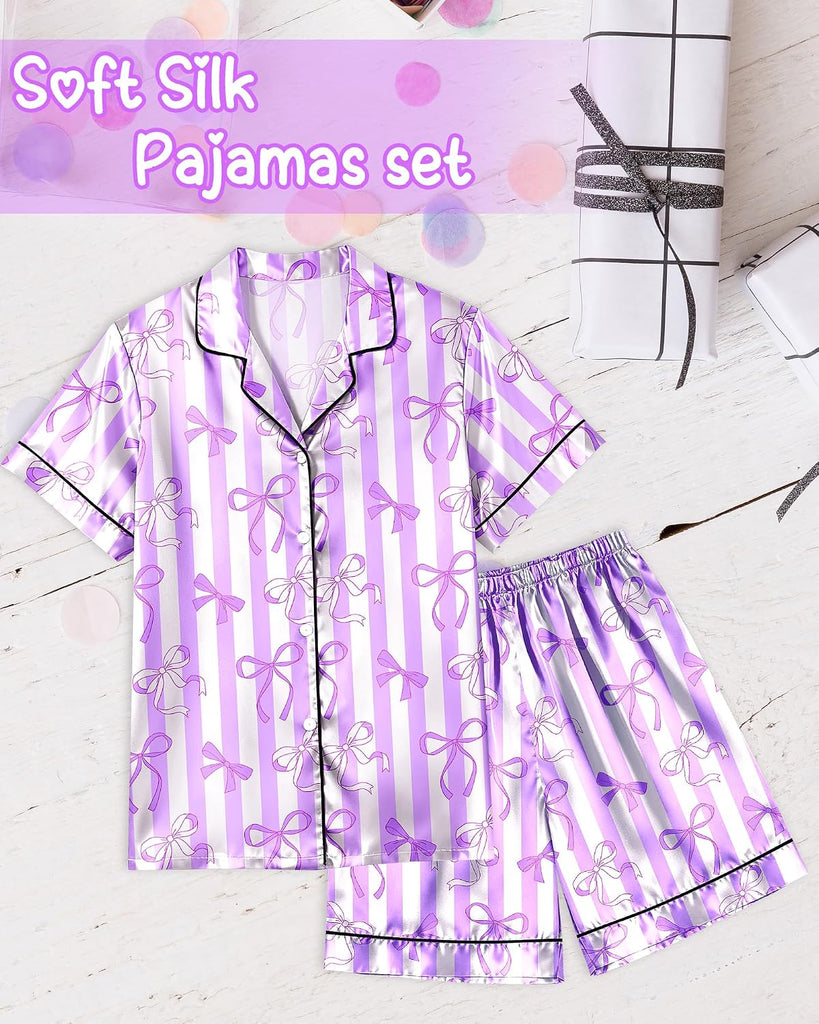 Girls Pajamas Silk PJS Set Bow Satin Sleepwear Short Sleeve Jammies for Kids Button-Down Nightwear
