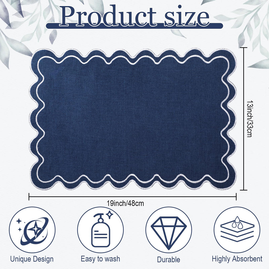 Navy Blue with White Scalloped Placemats Set of 6, Rectangle