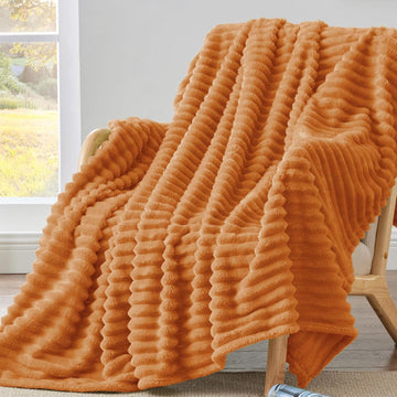 Ribbed Fleece Fall Throw Blanket, Burnt Orange, 50"x60"